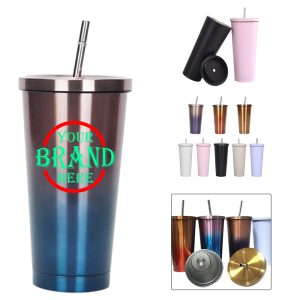 16.9Oz Vacuum Insulated Stainless Steel Tumbler W/ Lid And Straw