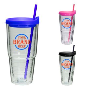 24Oz Double Walled Acrylic Tumbler W/Straw