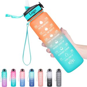 32Oz Water Bottles W/ Times To Drink And Straw