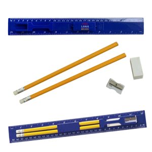 12.20 Inch Plastic Ruler Stationery Set W/Pencil, Eraser And Sharpener