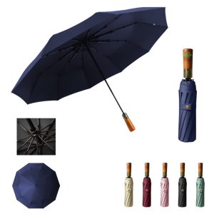 23-Inch Tri-Fold Automatic Umbrella With Original Wooden Handle
