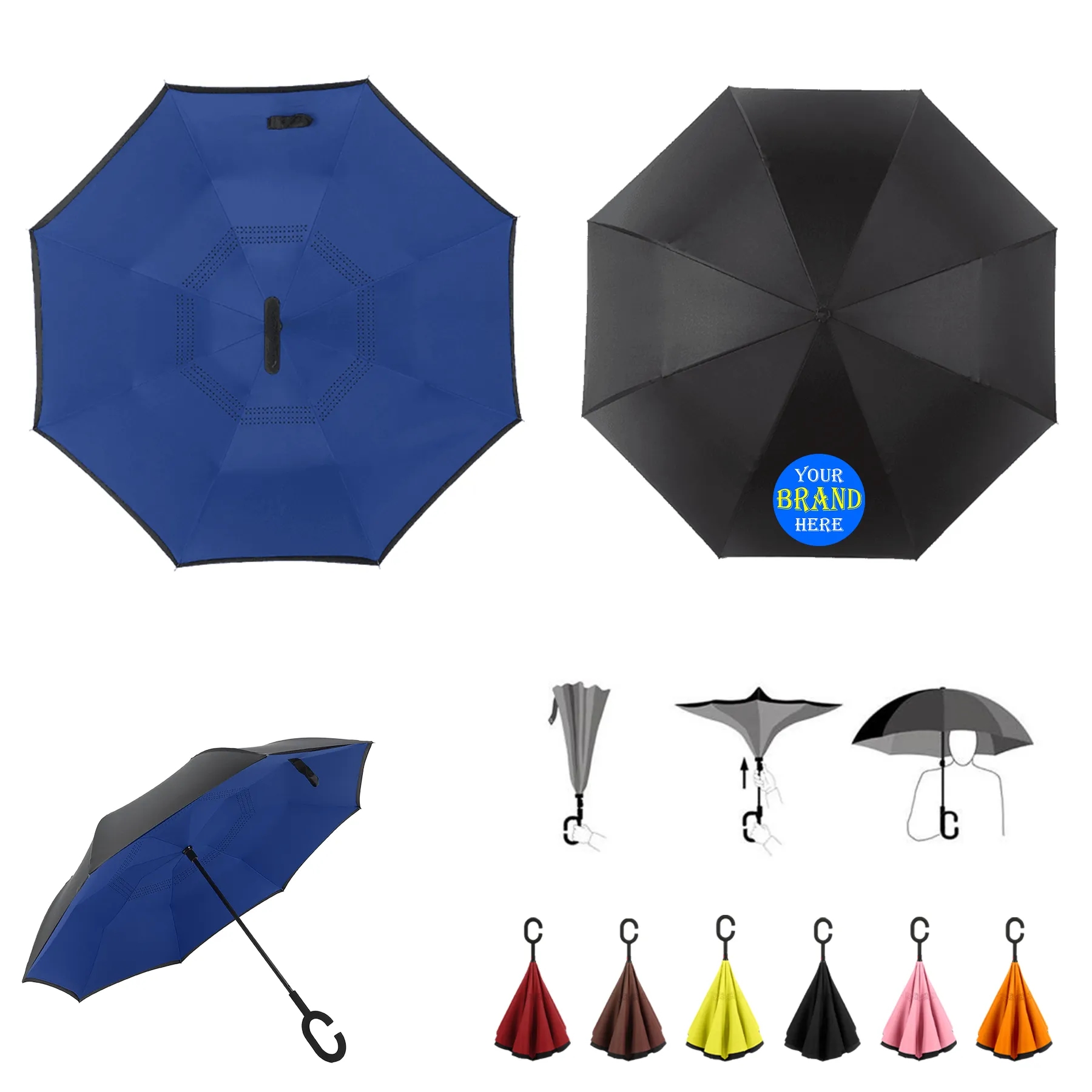 49 Inch Arc Inverted Reverse Umbrella w/ C-shape Handle